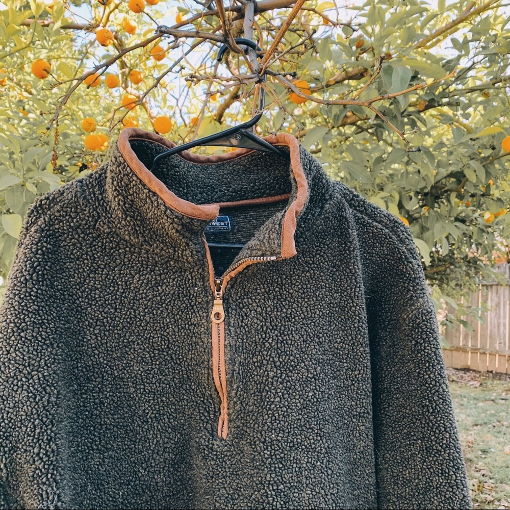 Cozy Quarter Zip Pullover Fuzzy Green with Leather